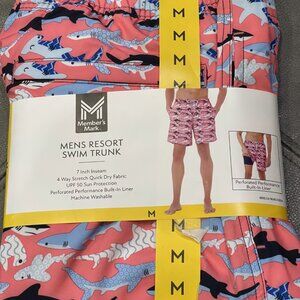 Member's Mark Medium 7-inch inseam UPF 50 Swim Trunk Pink w/ Blue Sharks